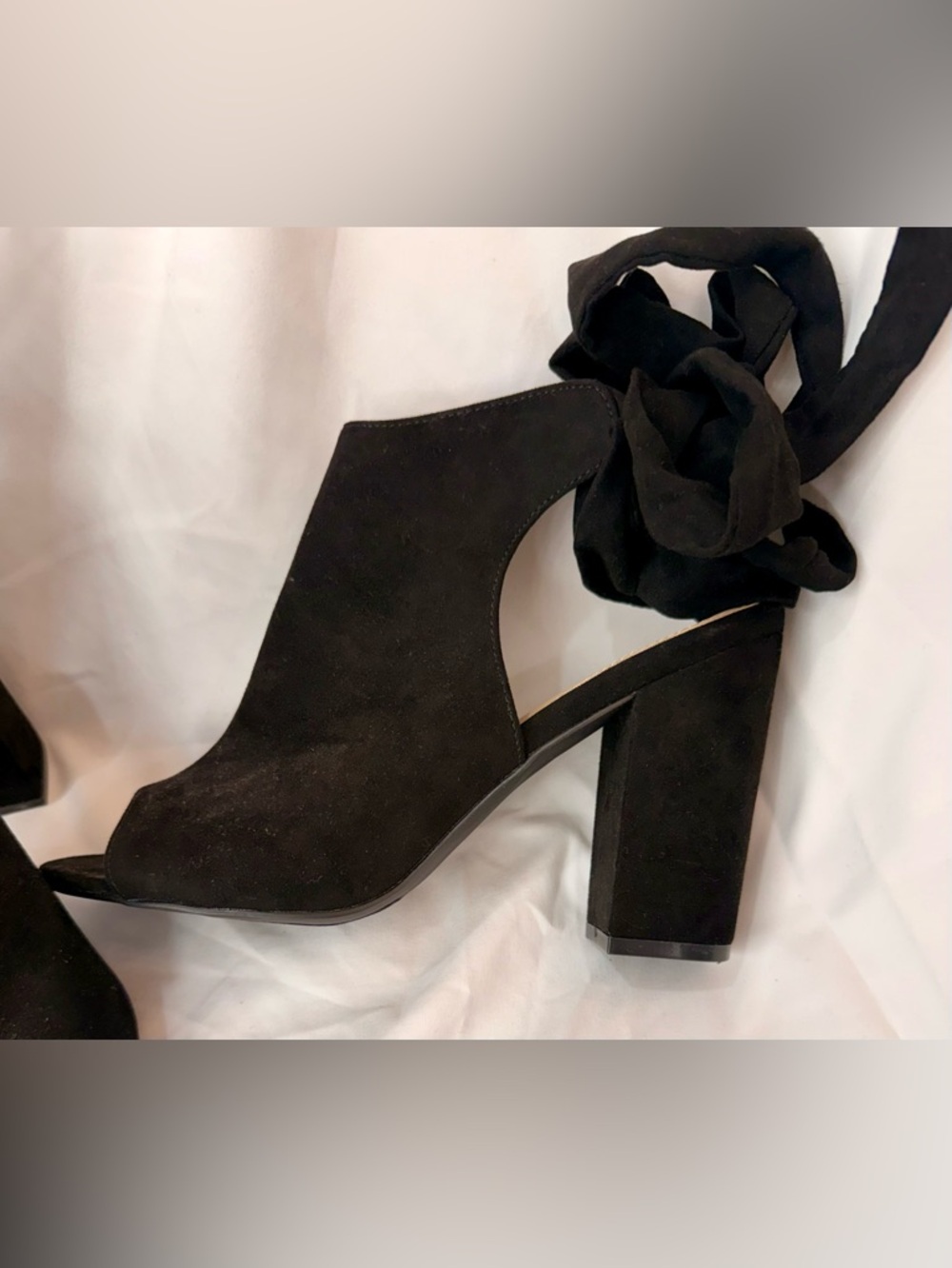 JustFab Black Suede Open-Toe Block Heel with Wrap-Tie